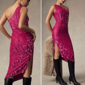 Hutch One Shoulder Asymmetrical Midi Dress Size XL Pink Floral Velvet Burnout